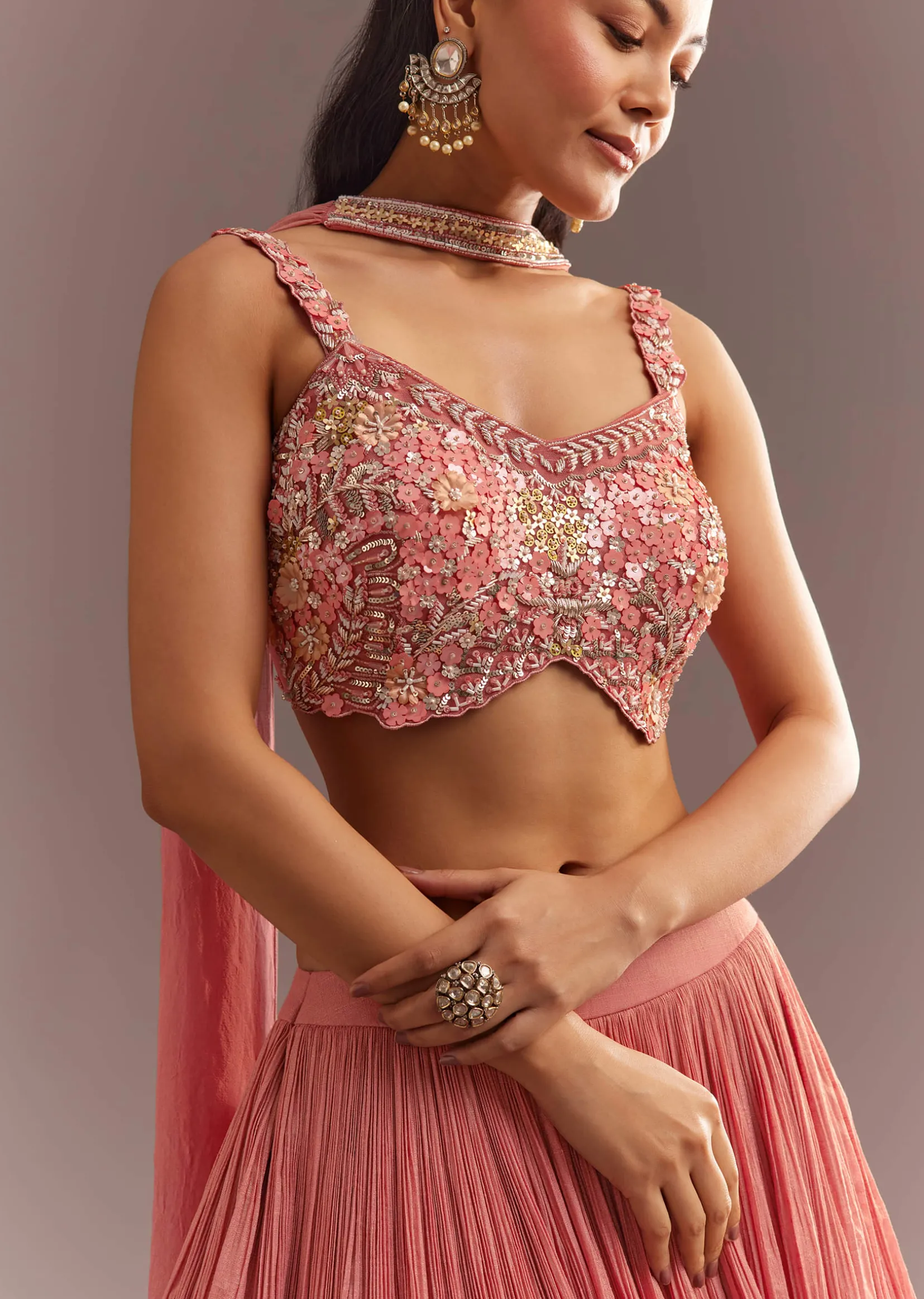 Peach French Tissue Lehenga Choli With Choker Dupatta