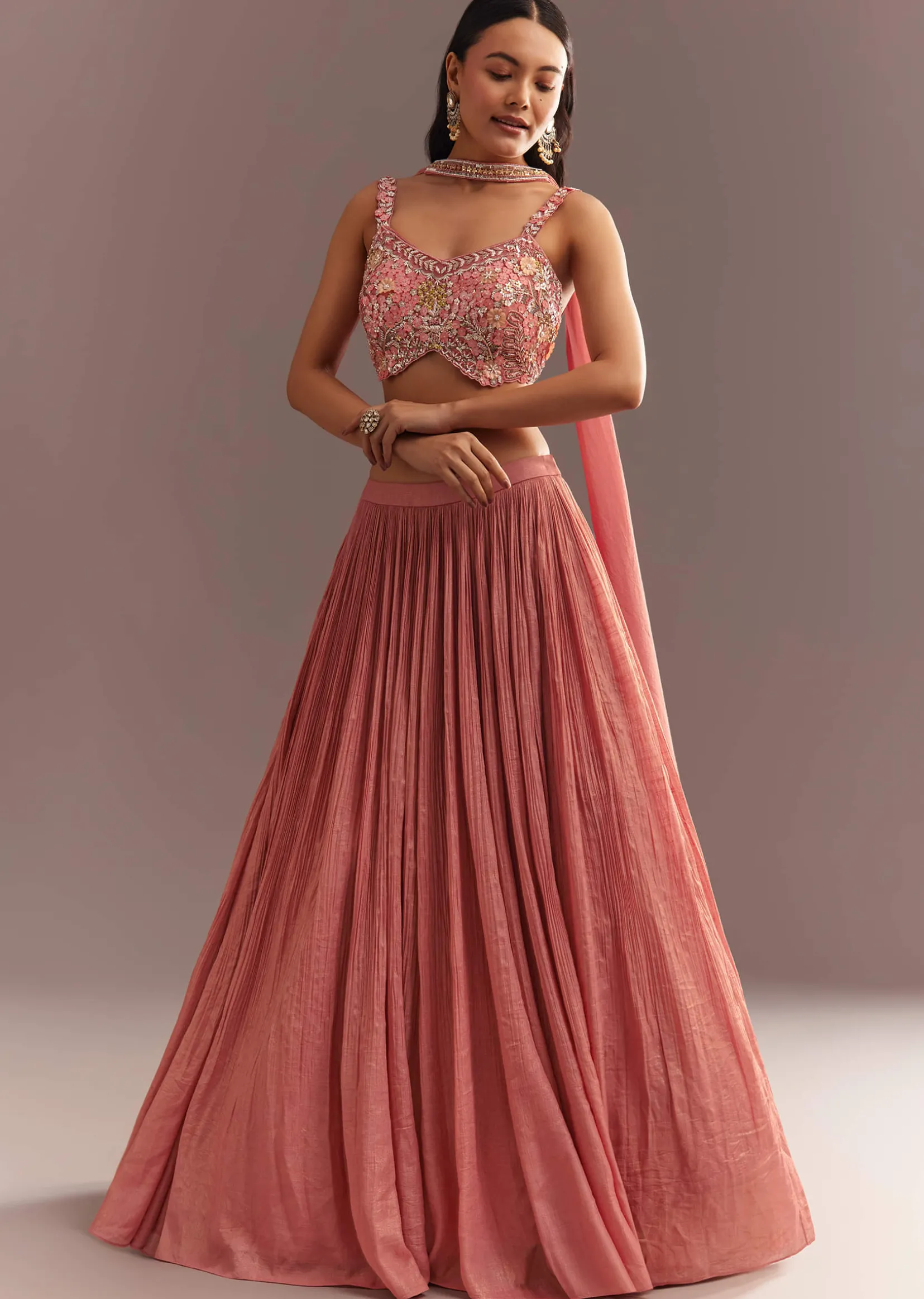 Peach French Tissue Lehenga Choli With Choker Dupatta
