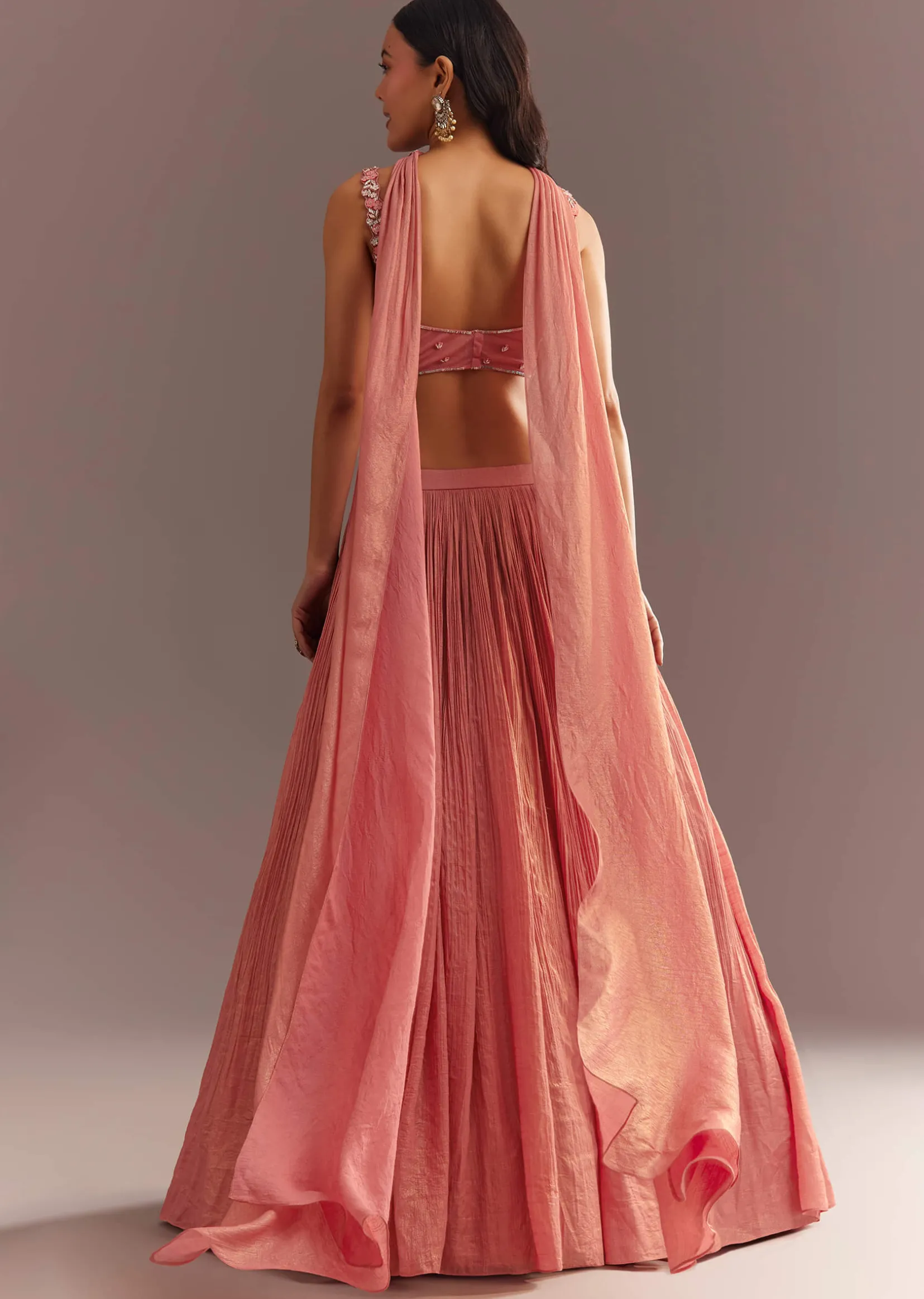 Peach French Tissue Lehenga Choli With Choker Dupatta