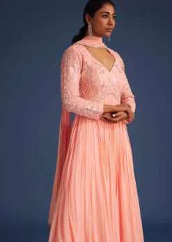 Peach Georgette Anarkali With Mirror And Sequin Work