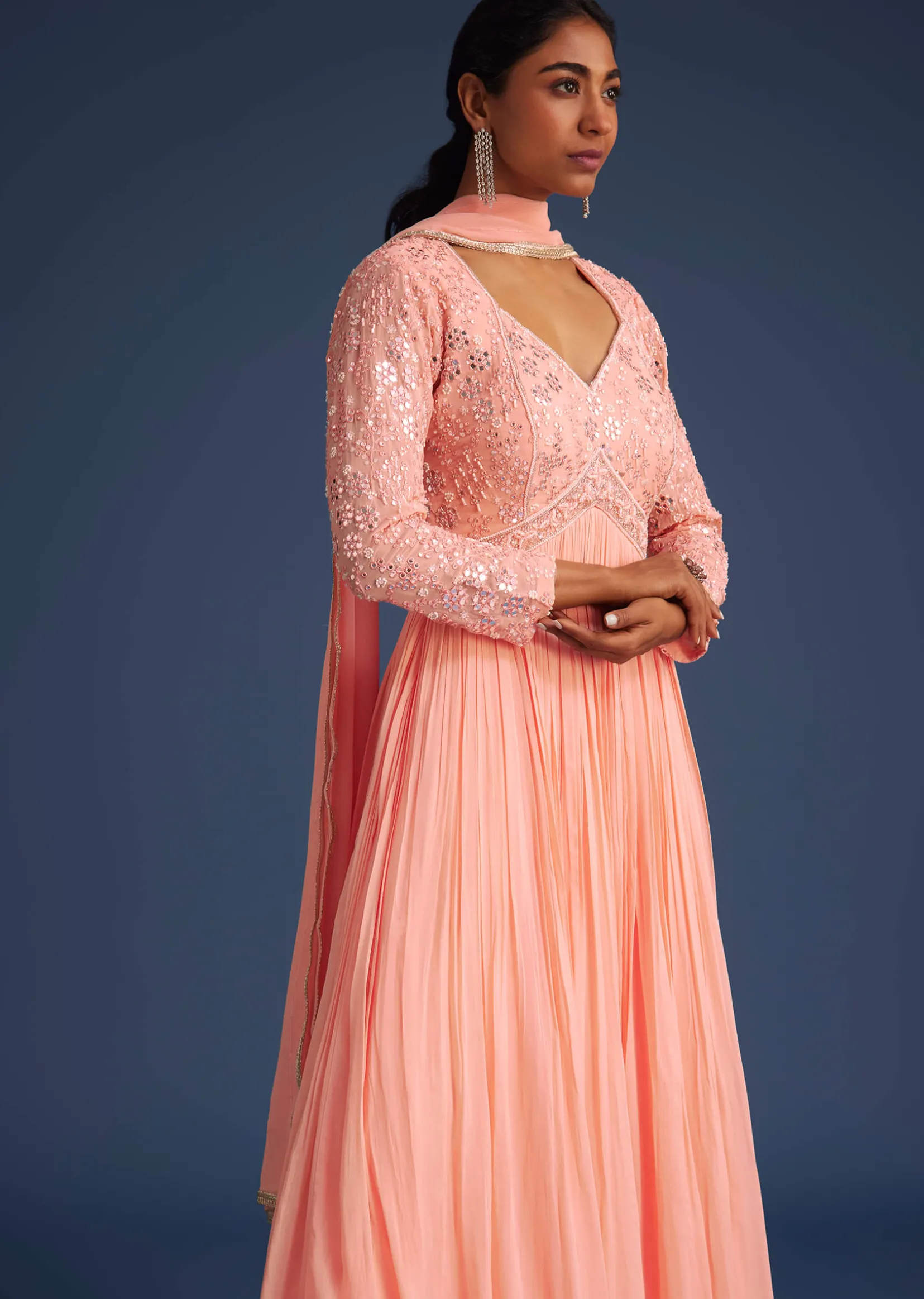 Peach Georgette Anarkali With Mirror And Sequin Work