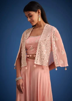 Peach Georgette Embroidered Cape Palazzo Set