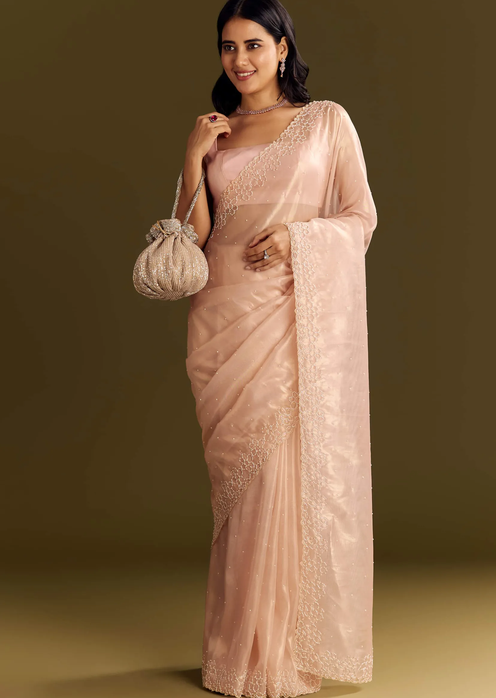 Peach Glass Tissue Saree With Cutdana And Beads Scallop Border