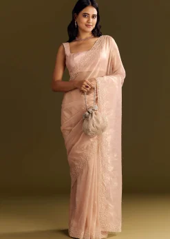 Peach Glass Tissue Saree With Cutdana And Beads Scallop Border