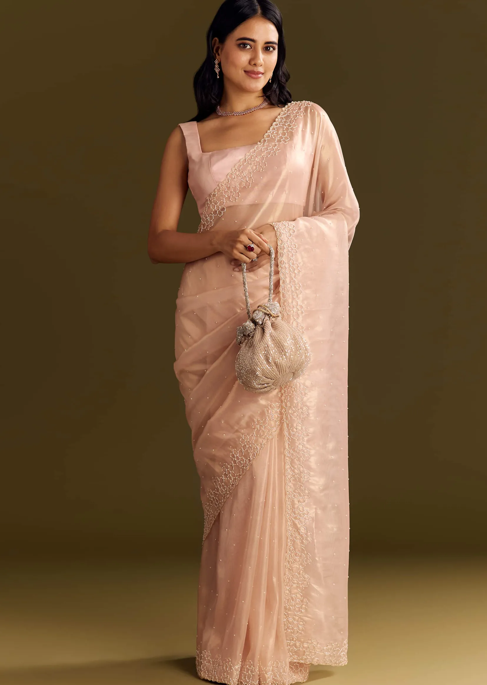 Peach Glass Tissue Saree With Cutdana And Beads Scallop Border