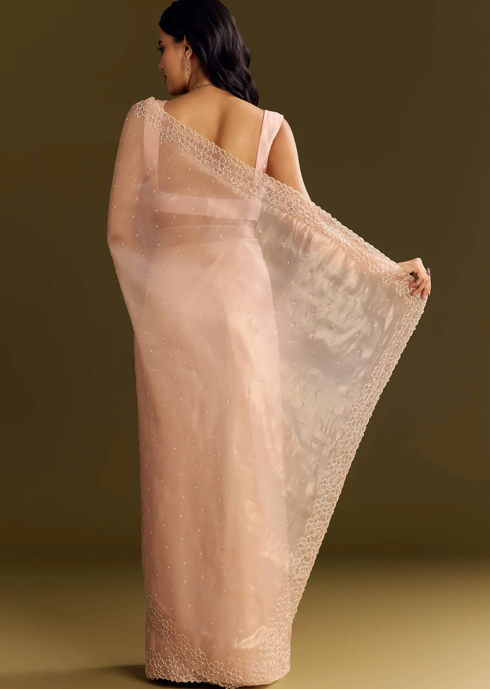 Peach Glass Tissue Saree With Cutdana And Beads Scallop Border