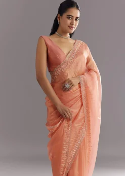 Peach Glass Tissue Saree With Cutdana Sequins Embroidery And Cutwork Scallop Border
