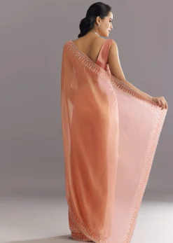 Peach Glass Tissue Saree With Cutdana Sequins Embroidery And Cutwork Scallop Border