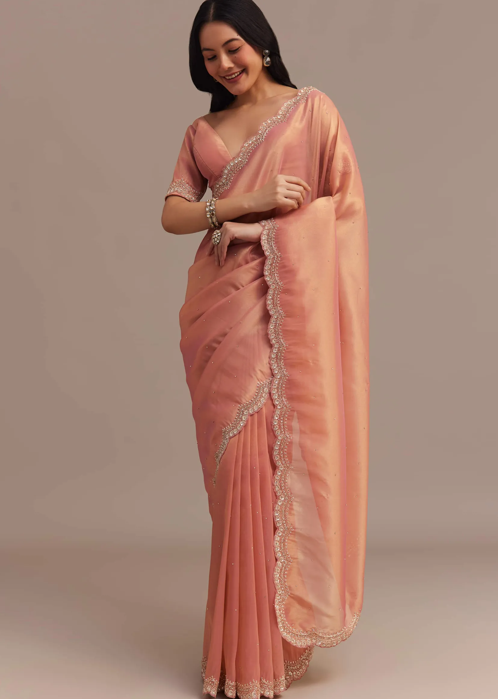 Peach Glass Tissue Saree With Stone And Cutdana Embroidery