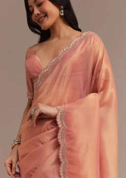Peach Glass Tissue Saree With Stone And Cutdana Embroidery