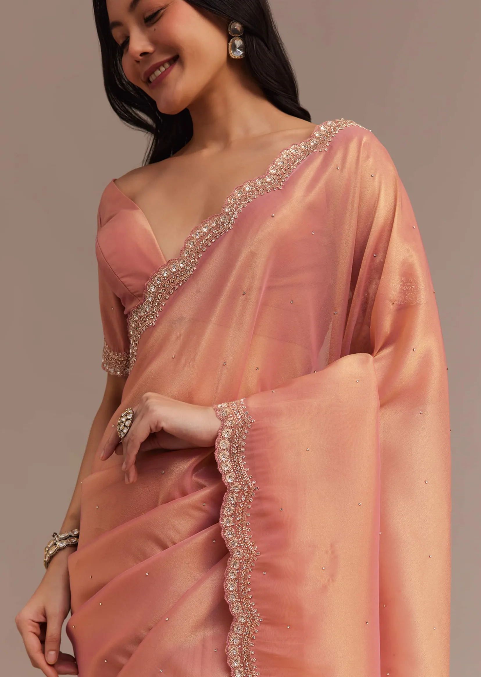Peach Glass Tissue Saree With Stone And Cutdana Embroidery