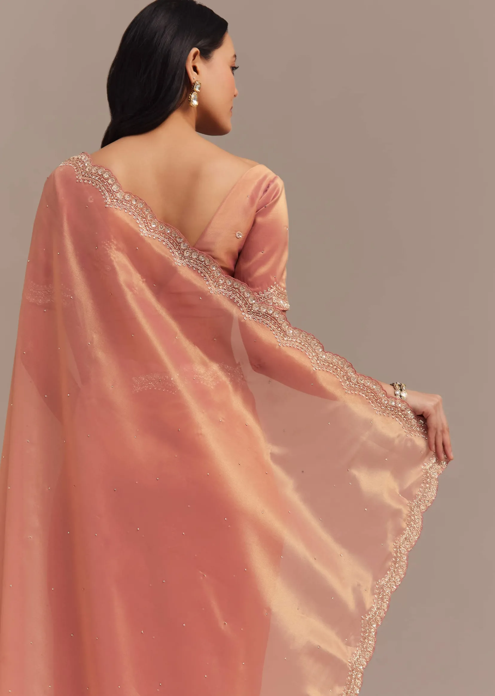 Peach Glass Tissue Saree With Stone And Cutdana Embroidery