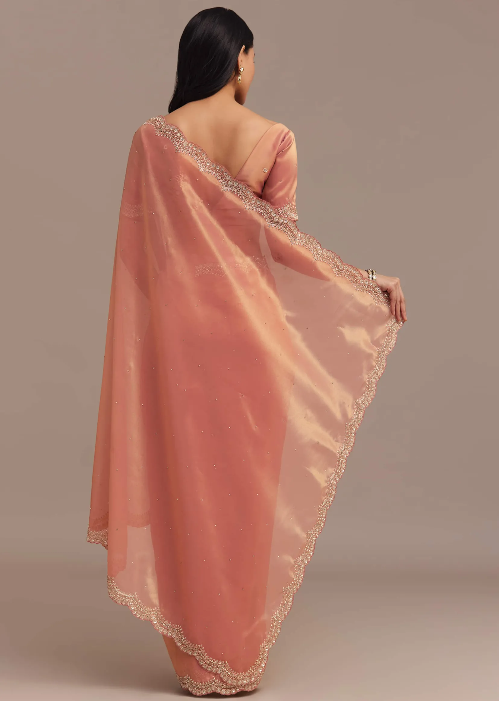 Peach Glass Tissue Saree With Stone And Cutdana Embroidery