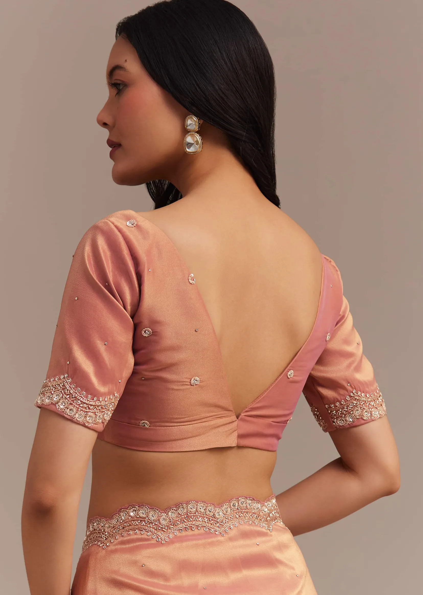 Peach Glass Tissue Saree With Stone And Cutdana Embroidery