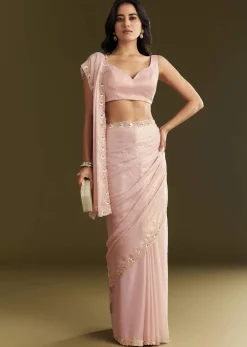 Peach Glass Tissue Saree With Moti Cutdana And Sequins Embroidery And Scallop Border