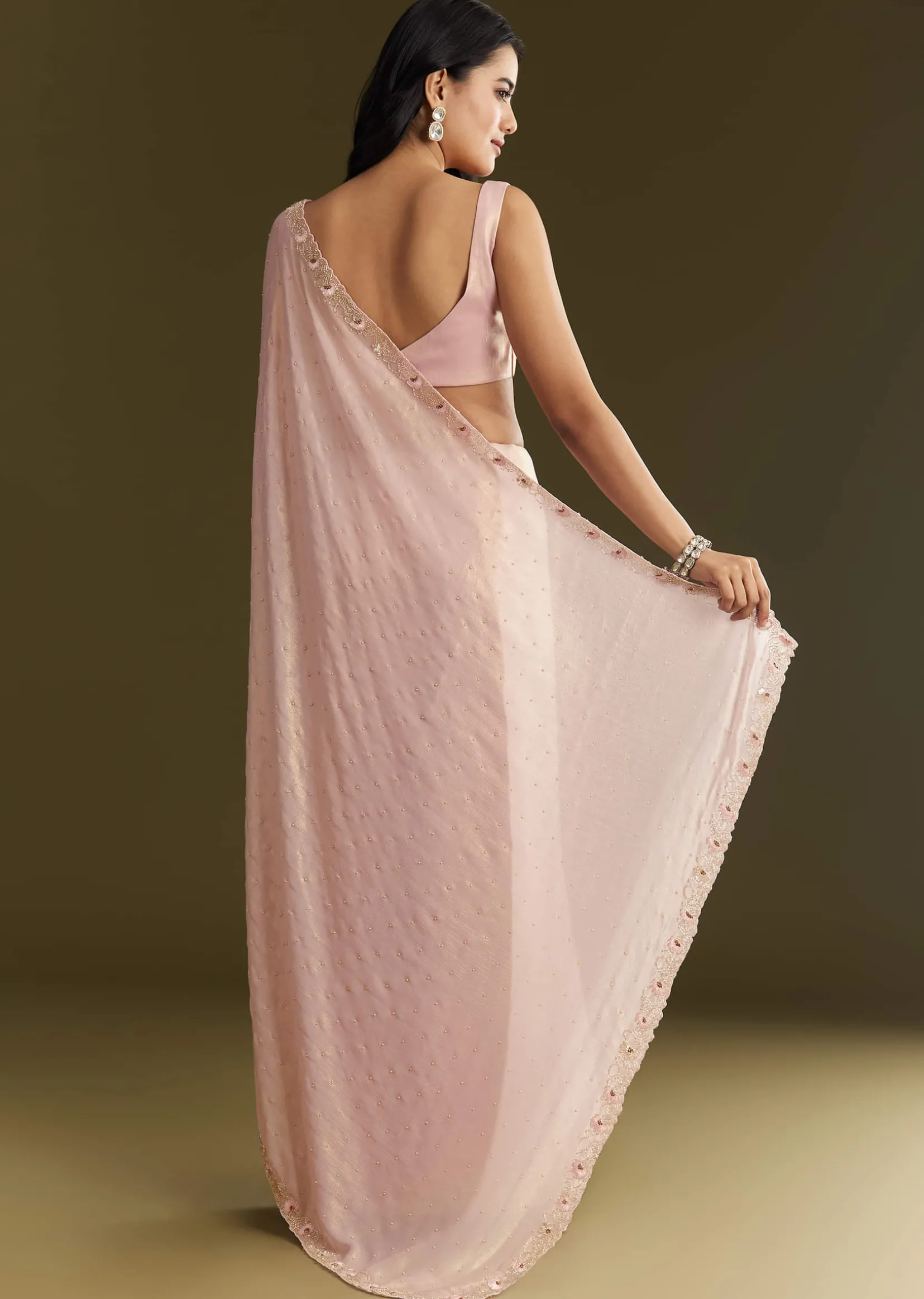 Peach Glass Tissue Saree With Moti Cutdana And Sequins Embroidery And Scallop Border