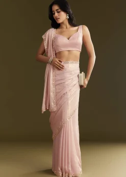 Peach Glass Tissue Saree With Moti Cutdana And Sequins Embroidery And Scallop Border
