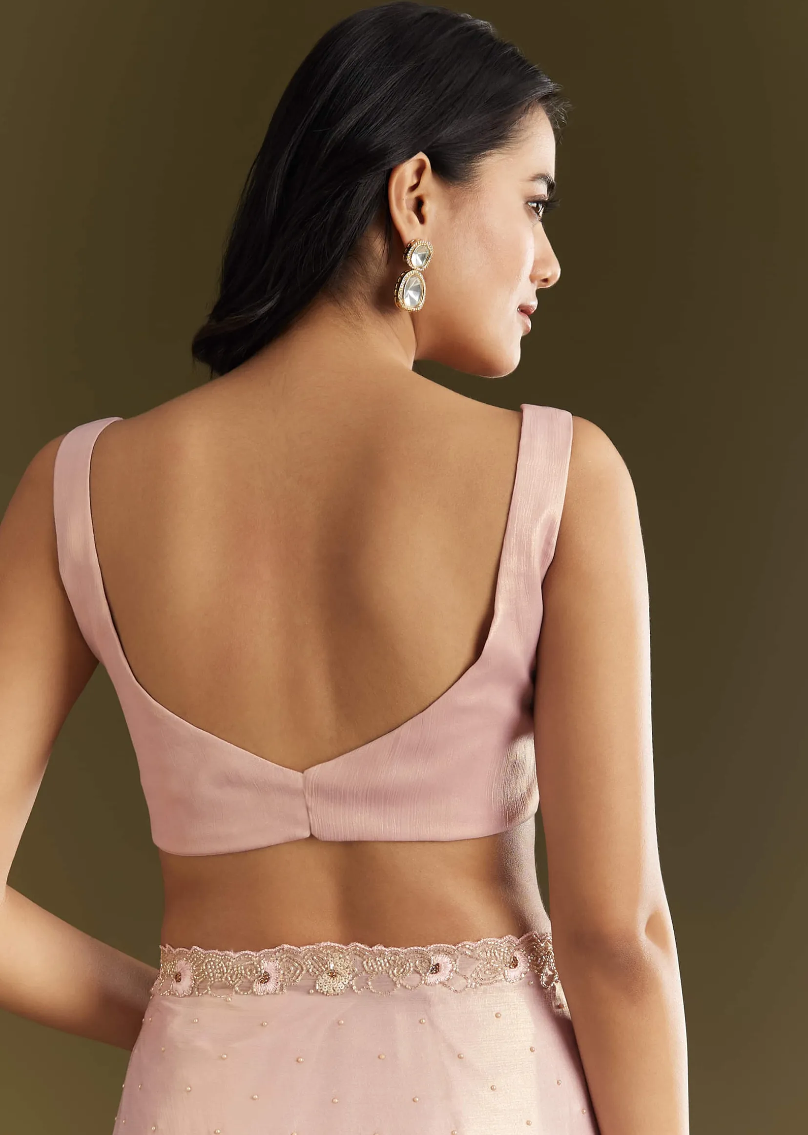 Peach Glass Tissue Saree With Moti Cutdana And Sequins Embroidery And Scallop Border