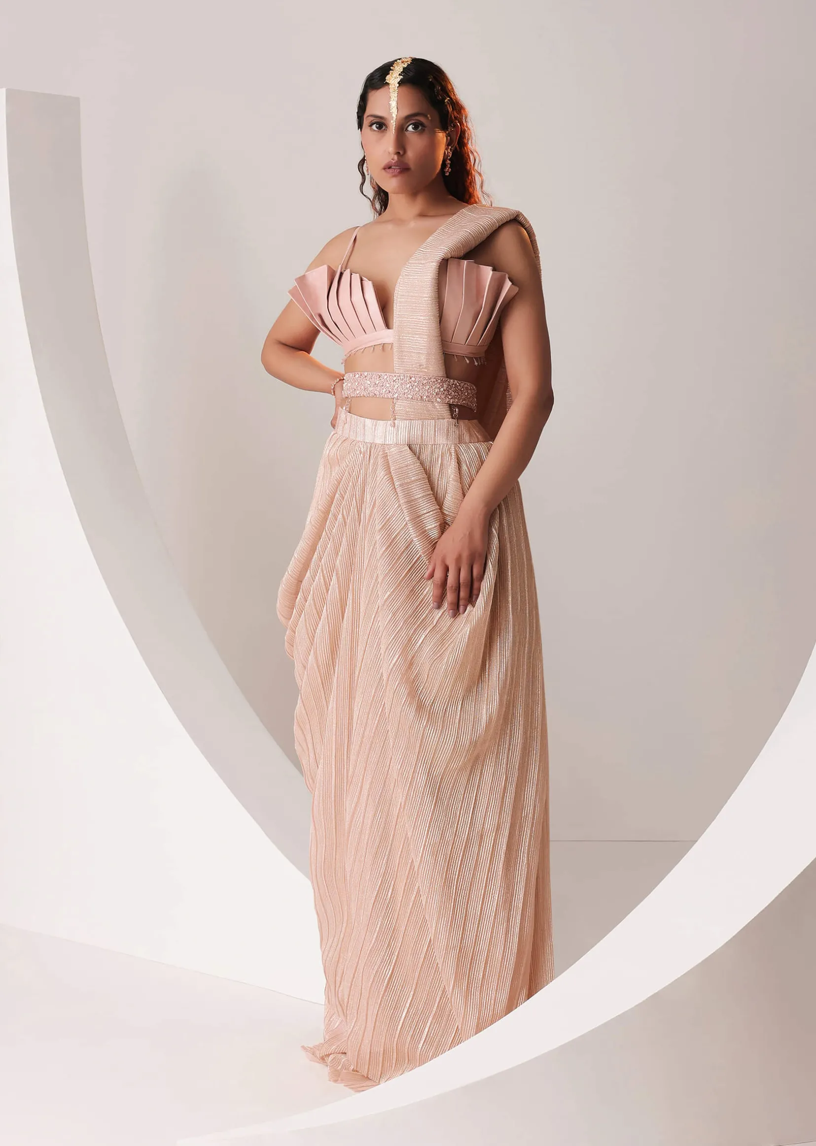 Peach Gold Ready To Wear Saree With Pleated Satin Blouse And Embroidered Belt