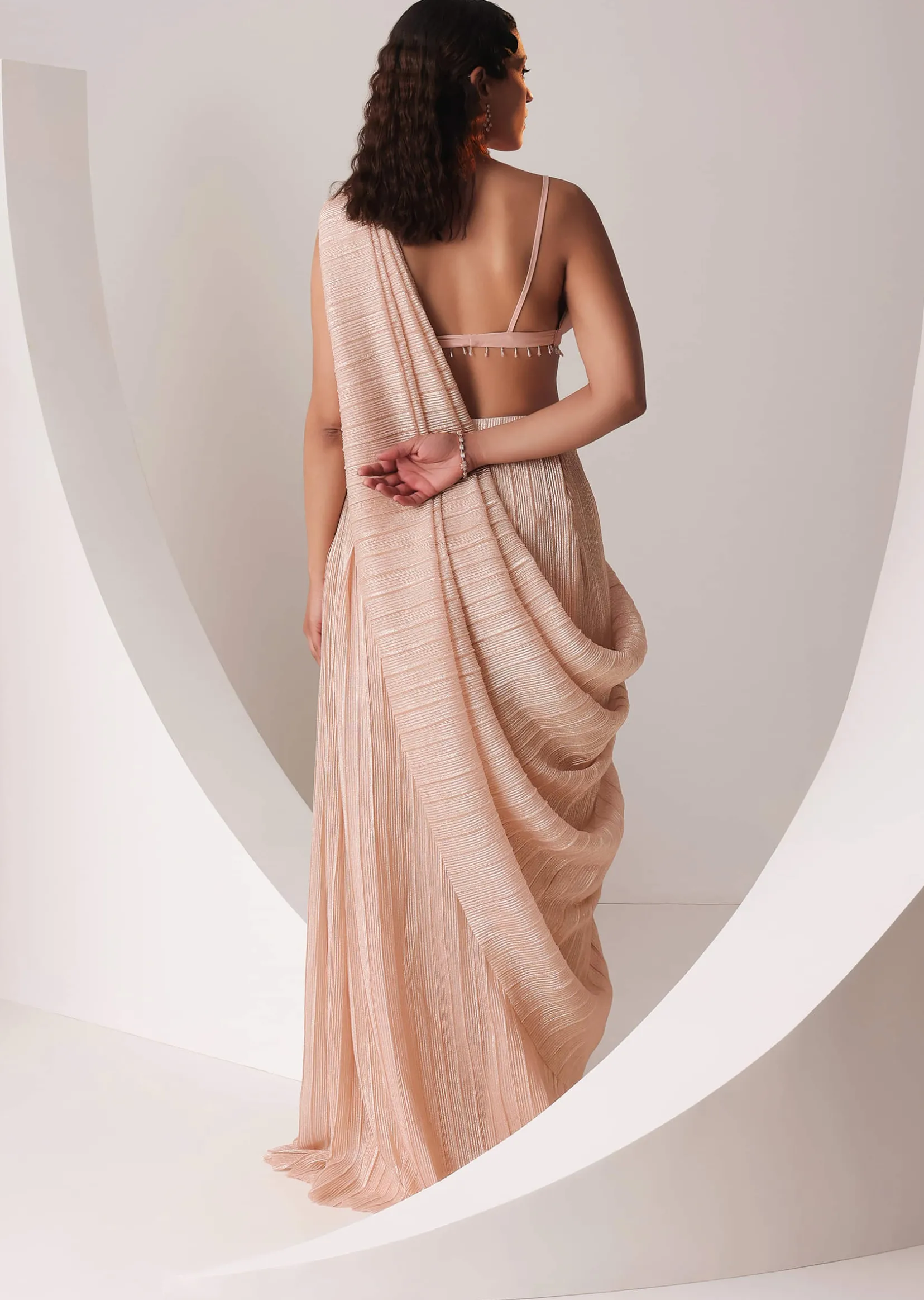Peach Gold Ready To Wear Saree With Pleated Satin Blouse And Embroidered Belt