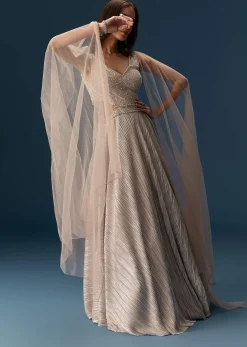 Peach Gown With Fully Embroidered Yoke And Feather Embellished Shoulders