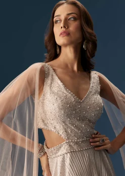 Peach Gown With Fully Embroidered Yoke And Feather Embellished Shoulders