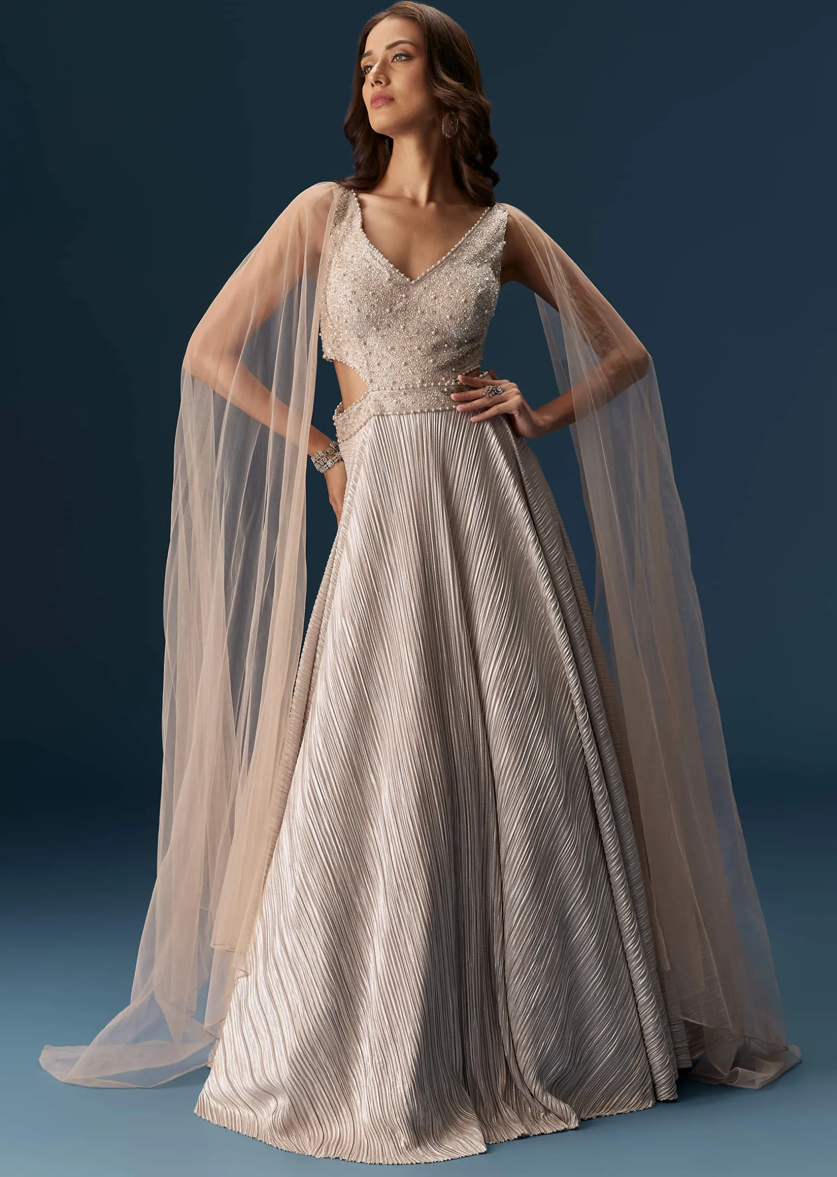 Peach Gown With Fully Embroidered Yoke And Feather Embellished Shoulders