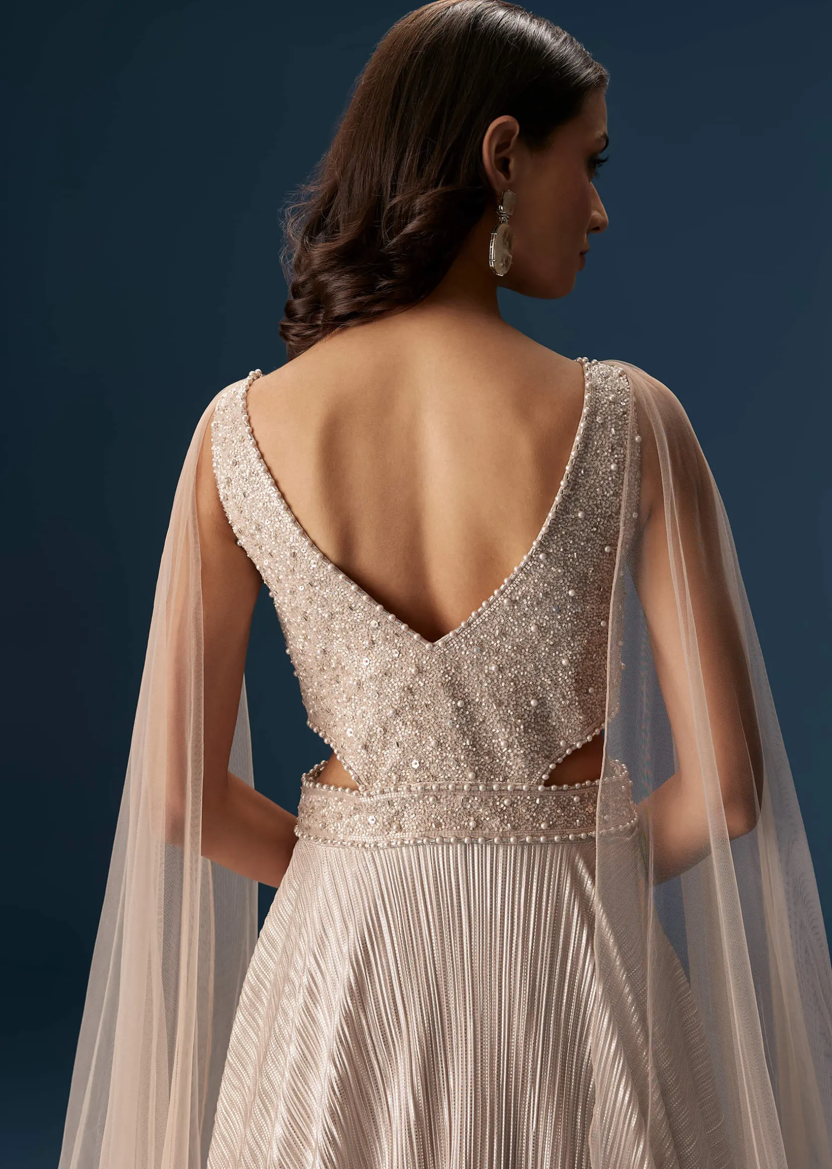 Peach Gown With Fully Embroidered Yoke And Feather Embellished Shoulders