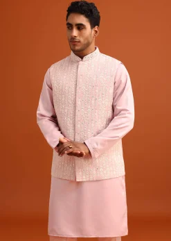 Peach Green Linen Silk Mirror Work Jacket Kurta Set
