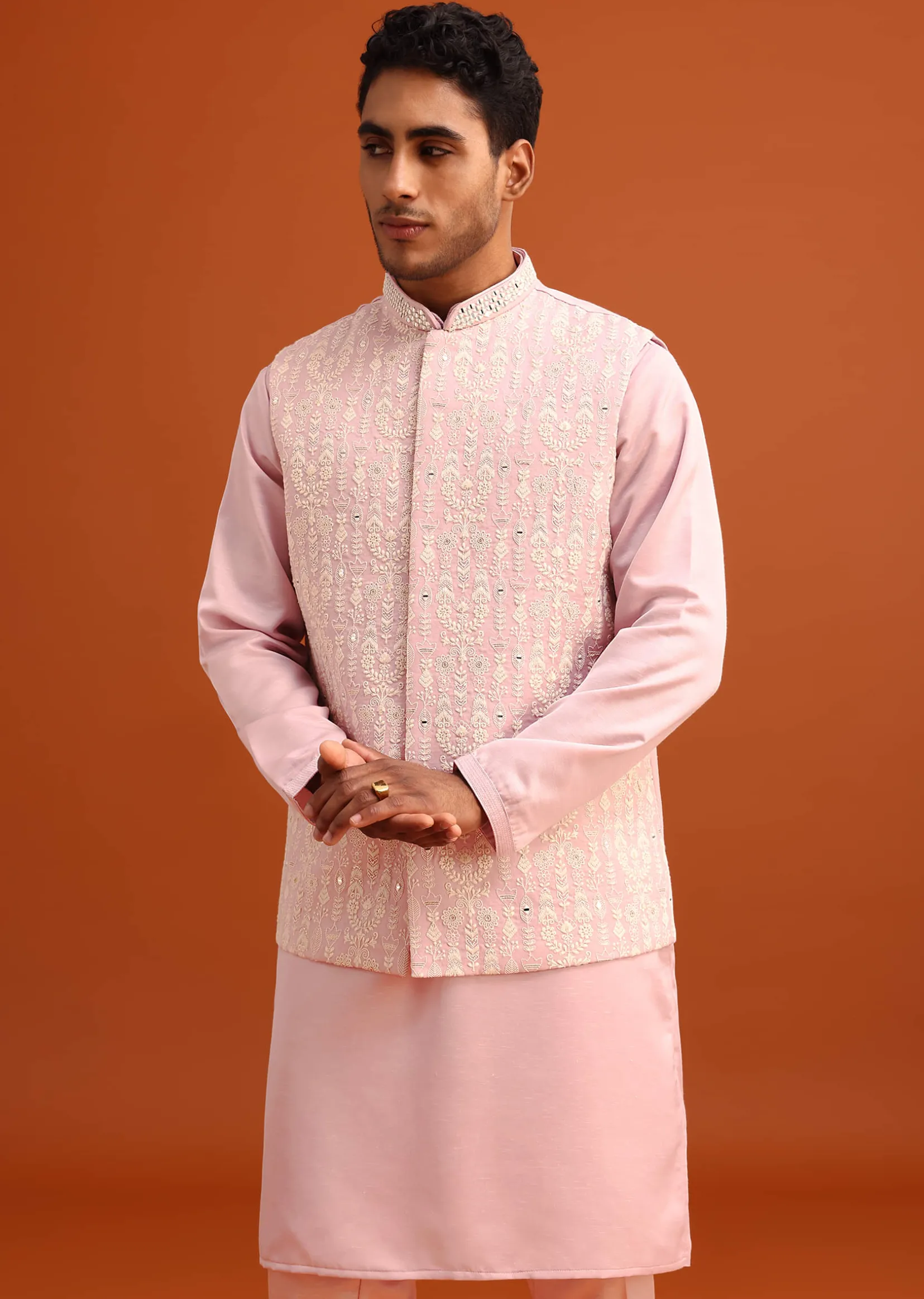 Peach Green Linen Silk Mirror Work Jacket Kurta Set