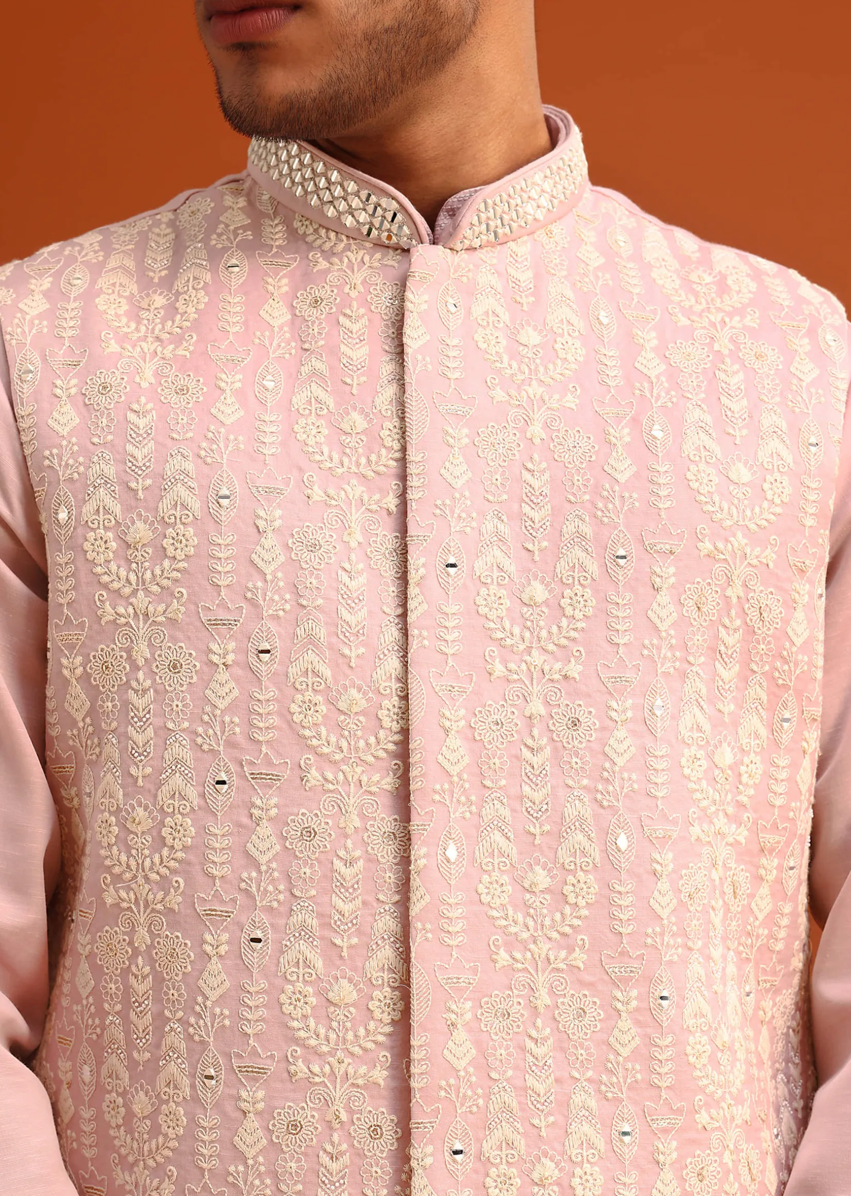 Peach Green Linen Silk Mirror Work Jacket Kurta Set