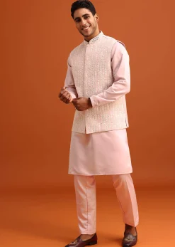 Peach Green Linen Silk Mirror Work Jacket Kurta Set