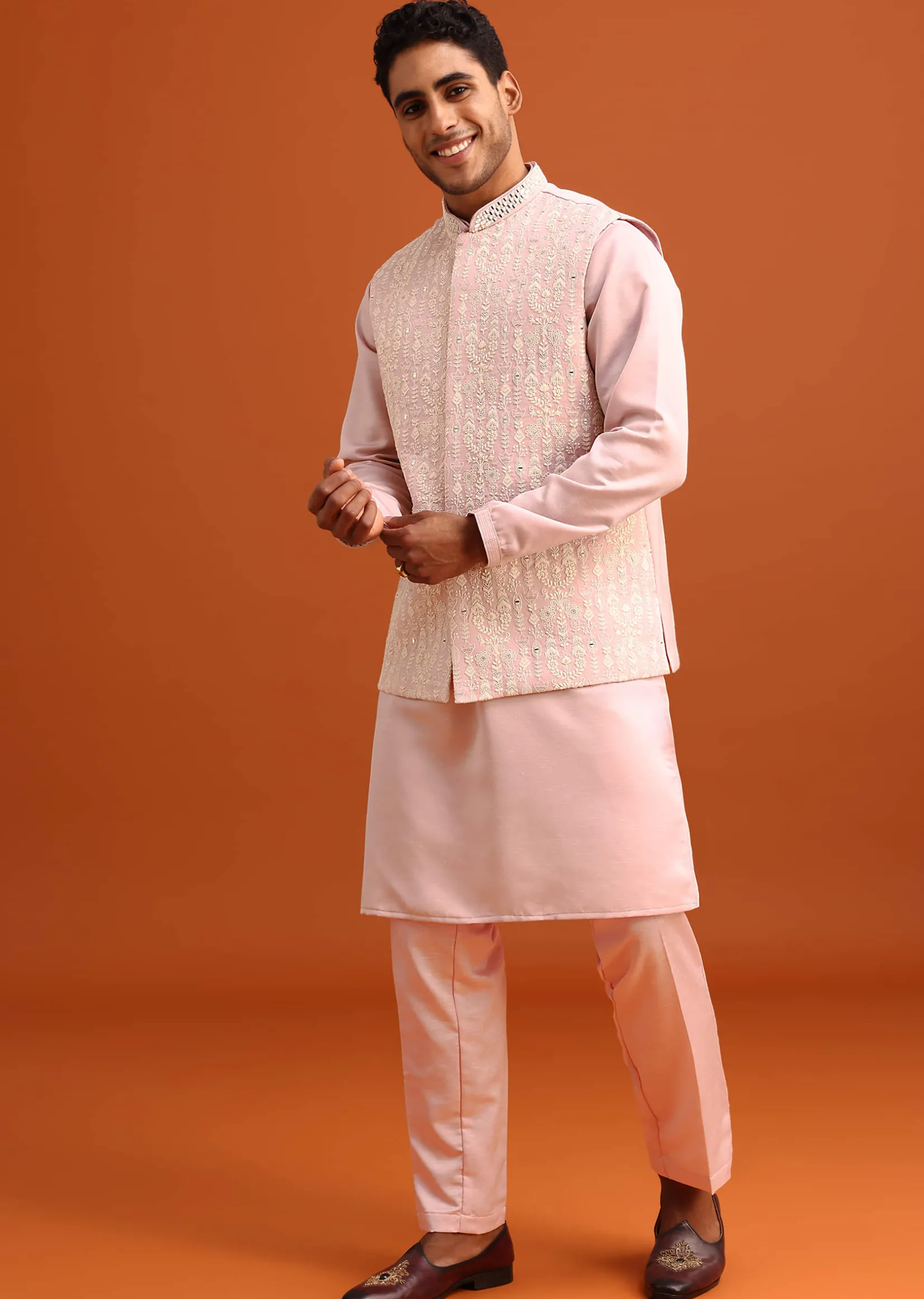 Peach Green Linen Silk Mirror Work Jacket Kurta Set