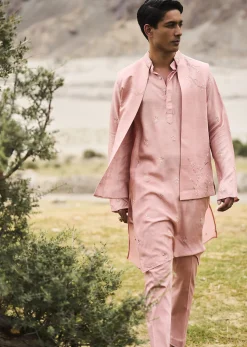 Peach Hand Embroidered Linen Bandi Kurta Set