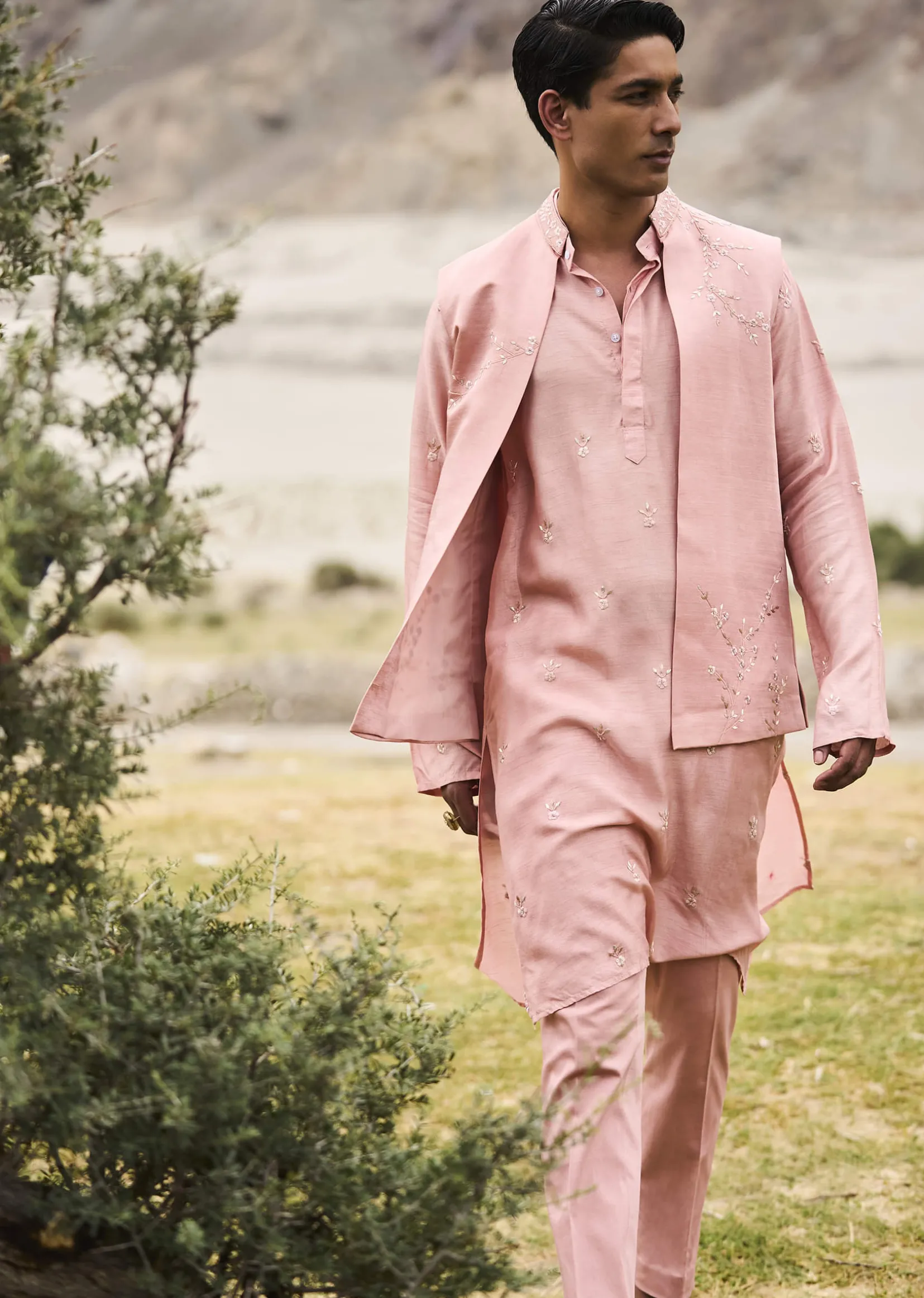 Peach Hand Embroidered Linen Bandi Kurta Set