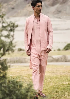 Peach Hand Embroidered Linen Bandi Kurta Set