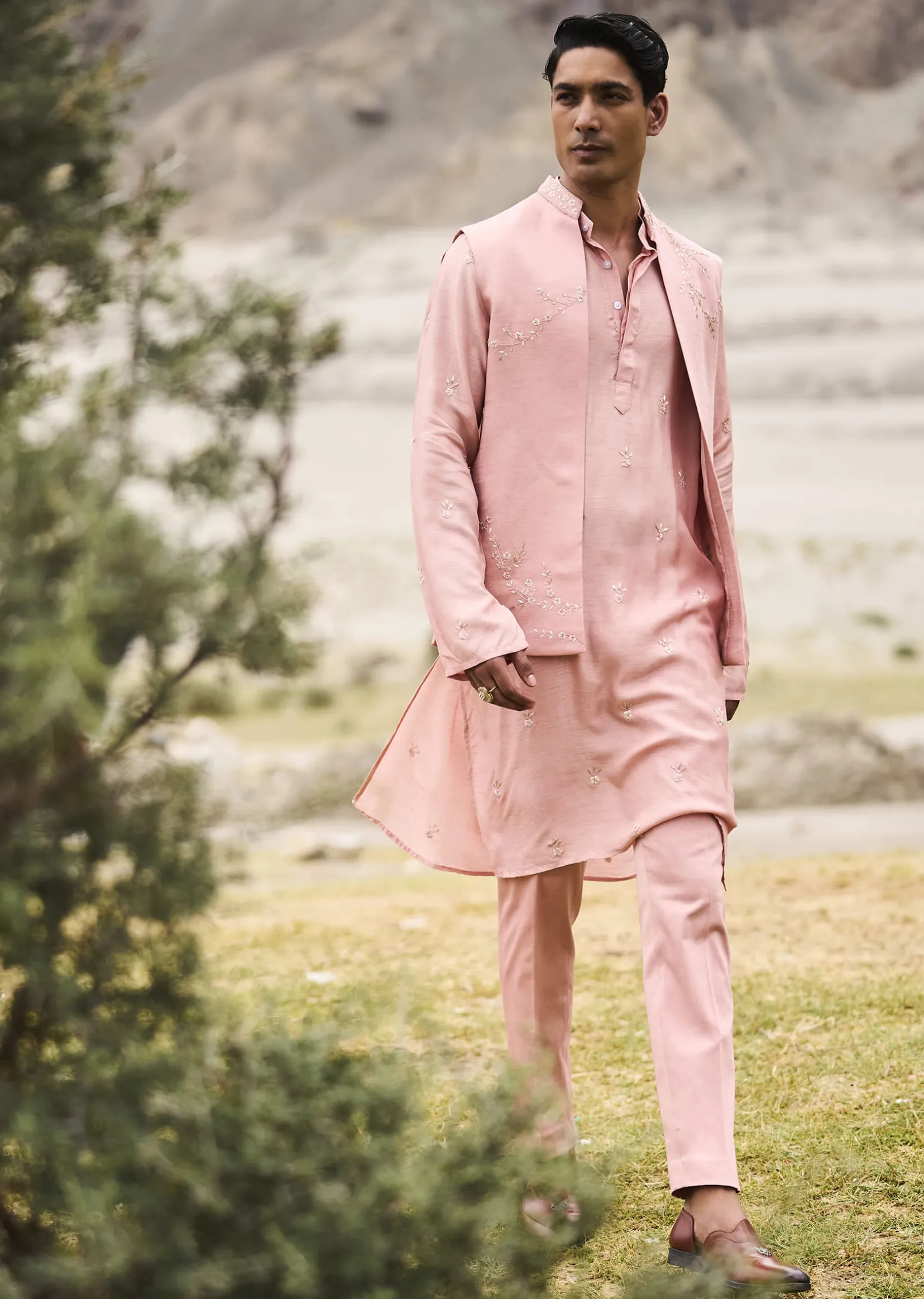 Peach Hand Embroidered Linen Bandi Kurta Set