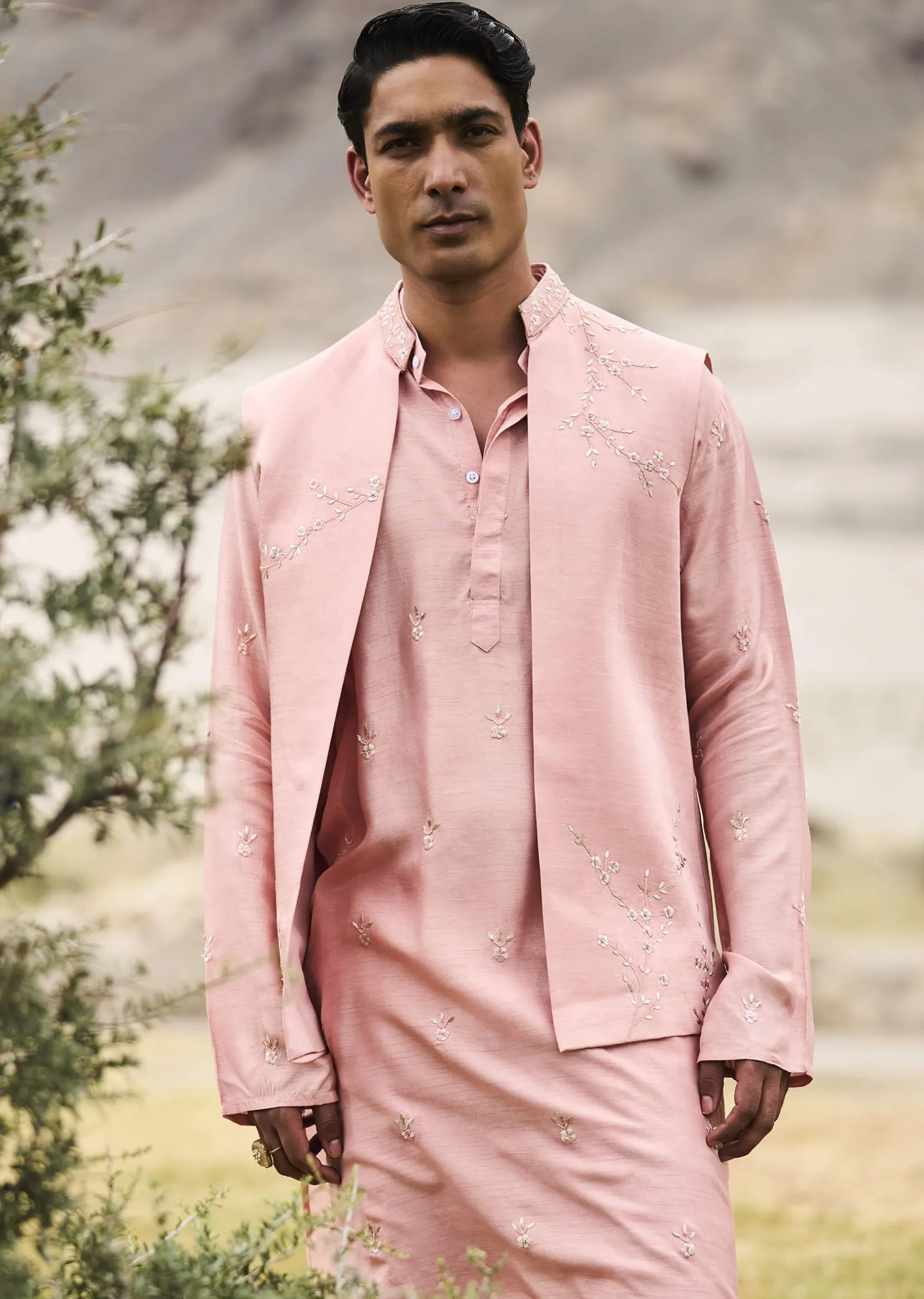 Peach Hand Embroidered Linen Bandi Kurta Set