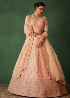 Peach Hand Embroidered Raw Silk Lehenga Set With Butti Work