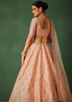Peach Hand Embroidered Raw Silk Lehenga Set With Butti Work