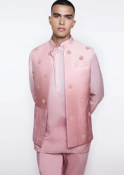 Peach Hand Embroidered Satin Bandi And Kurta Set