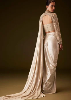 Peach Hand Embroidered Skirt Set With Cape