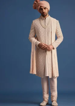 Peach Heavy Hand Embroidered Sherwani Suit