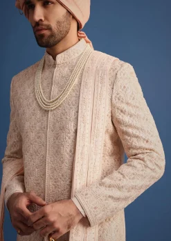 Peach Heavy Hand Embroidered Sherwani Suit