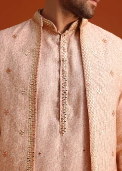 Peach Kurta And Jacket Set With Mirror Work