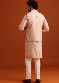 Peach Kurta And Jacket Set With Mirror Work