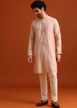 Peach Kurta And Jacket Set With Mirror Work