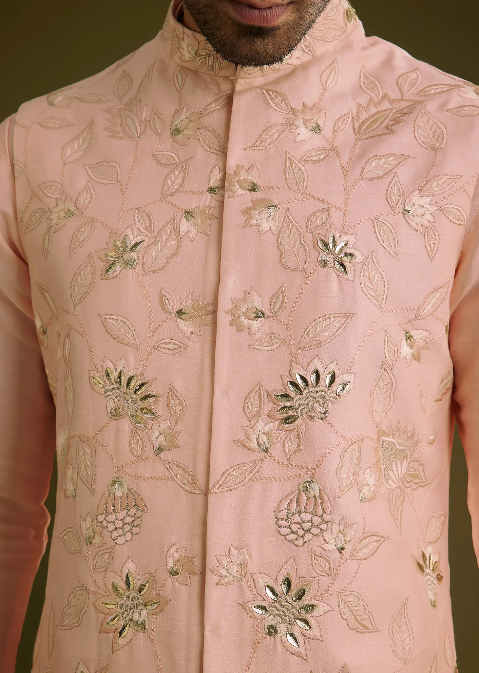Peach Kurta Jacket Set In Cotton Silk With Embroidery Thread Work