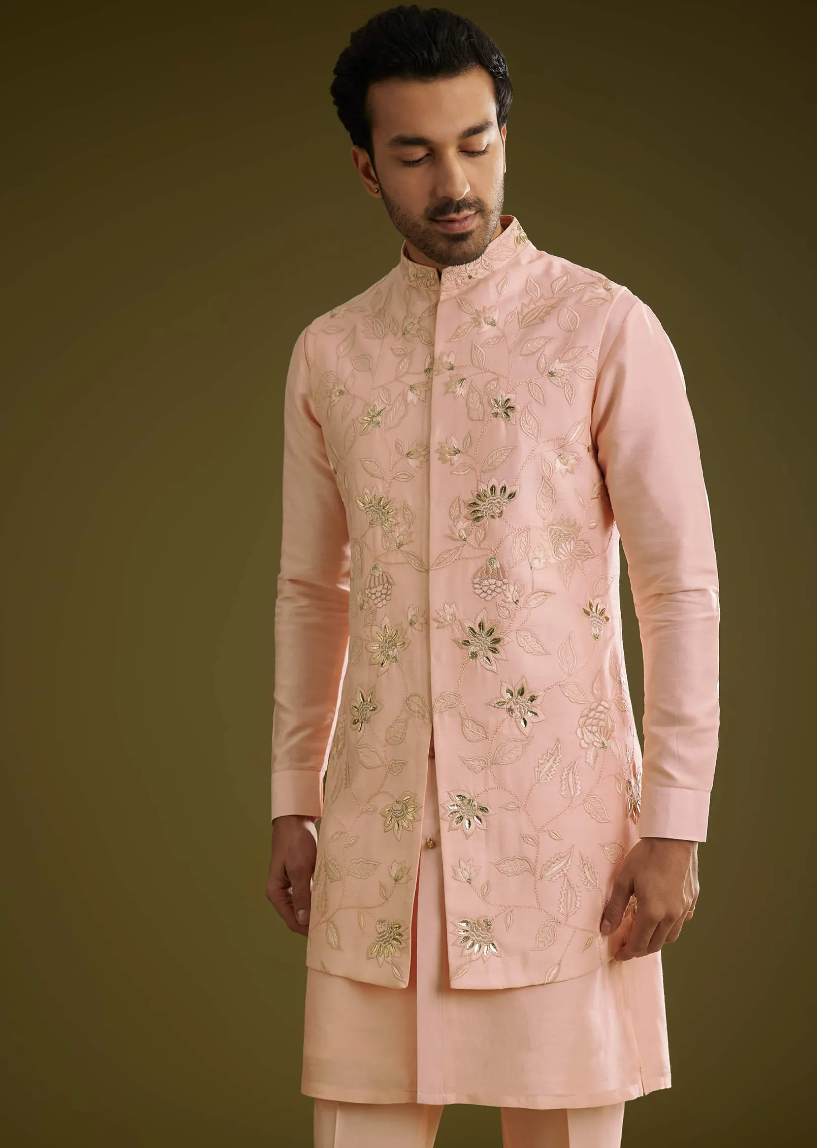 Peach Kurta Jacket Set In Cotton Silk With Embroidery Thread Work