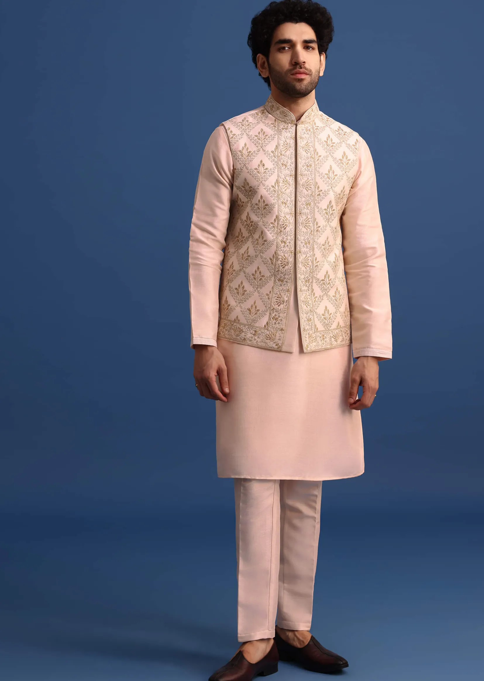Peach Kurta Jacket Set With Zari Embroidery For Men